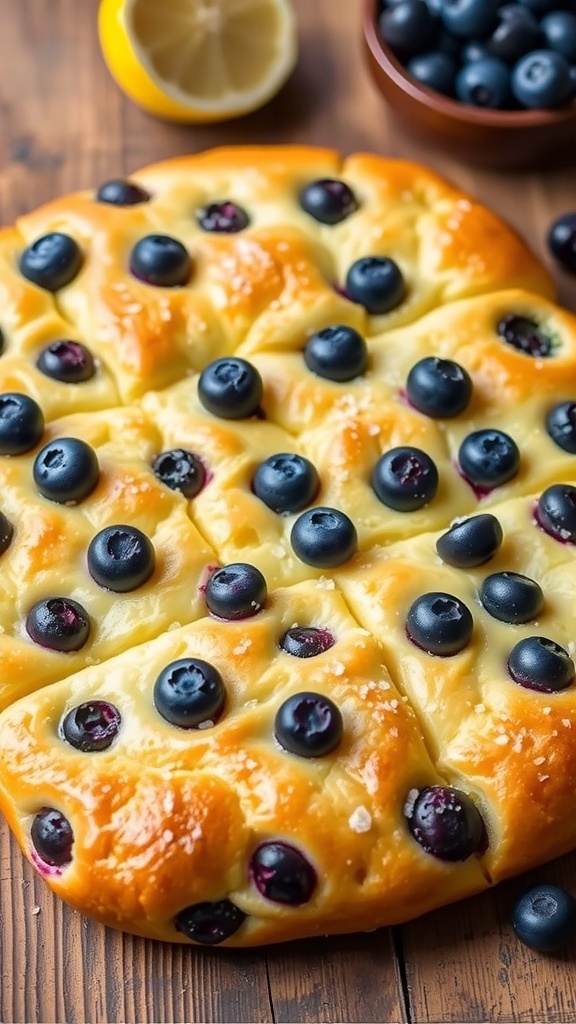 Lemon Blueberry Focaccia Bread Recipe Golden brown Lemon Blueberry Focaccia Bread with blueberries on top, served on a rustic wooden table.